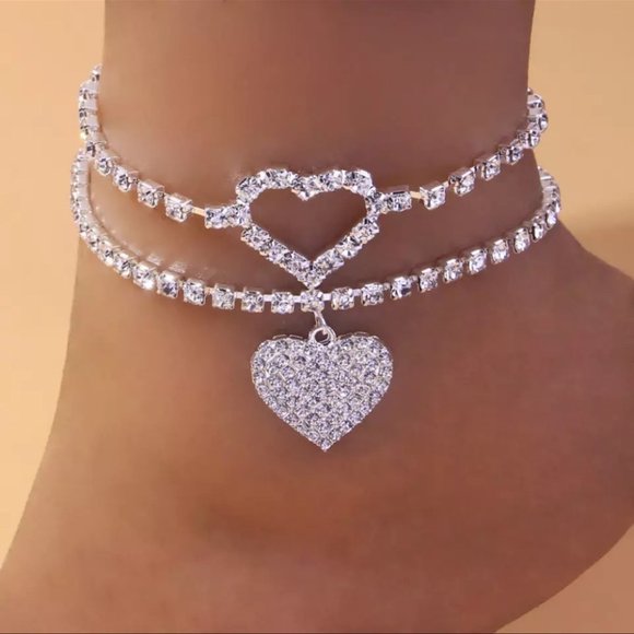 Heart anklet rhinestone open hallow diamond sparkly silver ankle bracelet y2k - Picture 3 of 5